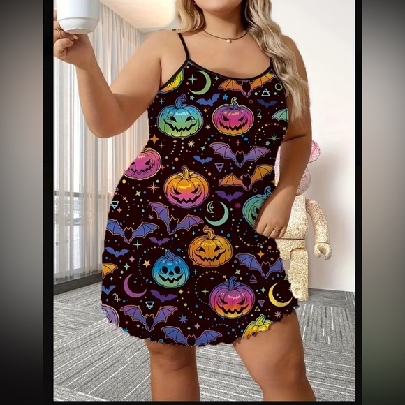 Other - Women’s Plus Size Black Neon Colored Halloween Pattern Cami Sleep Dress